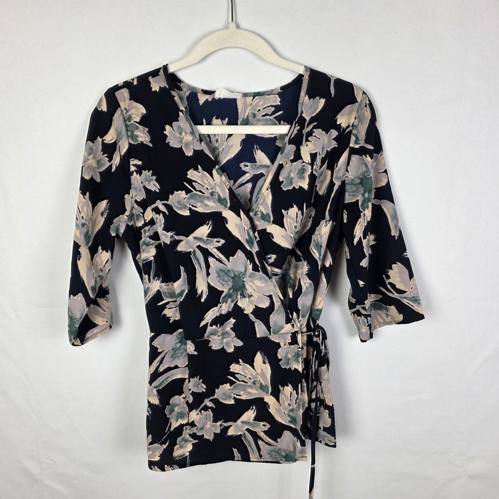 Sienna Sky Floral Faux Wrap Top Navy Blue Sage Green 3/4 Sleeve Blouse Medium